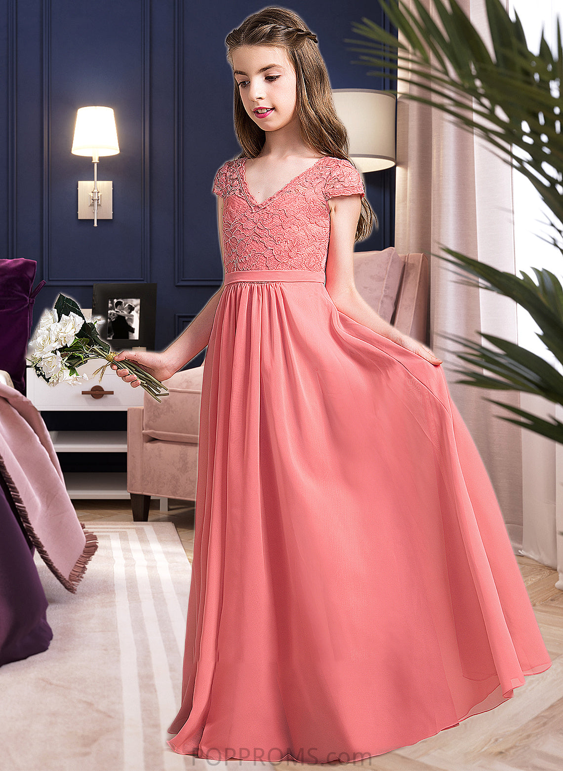 Lindsey A-Line V-neck Floor-Length Chiffon Lace Junior Bridesmaid Dress PP6P0013634