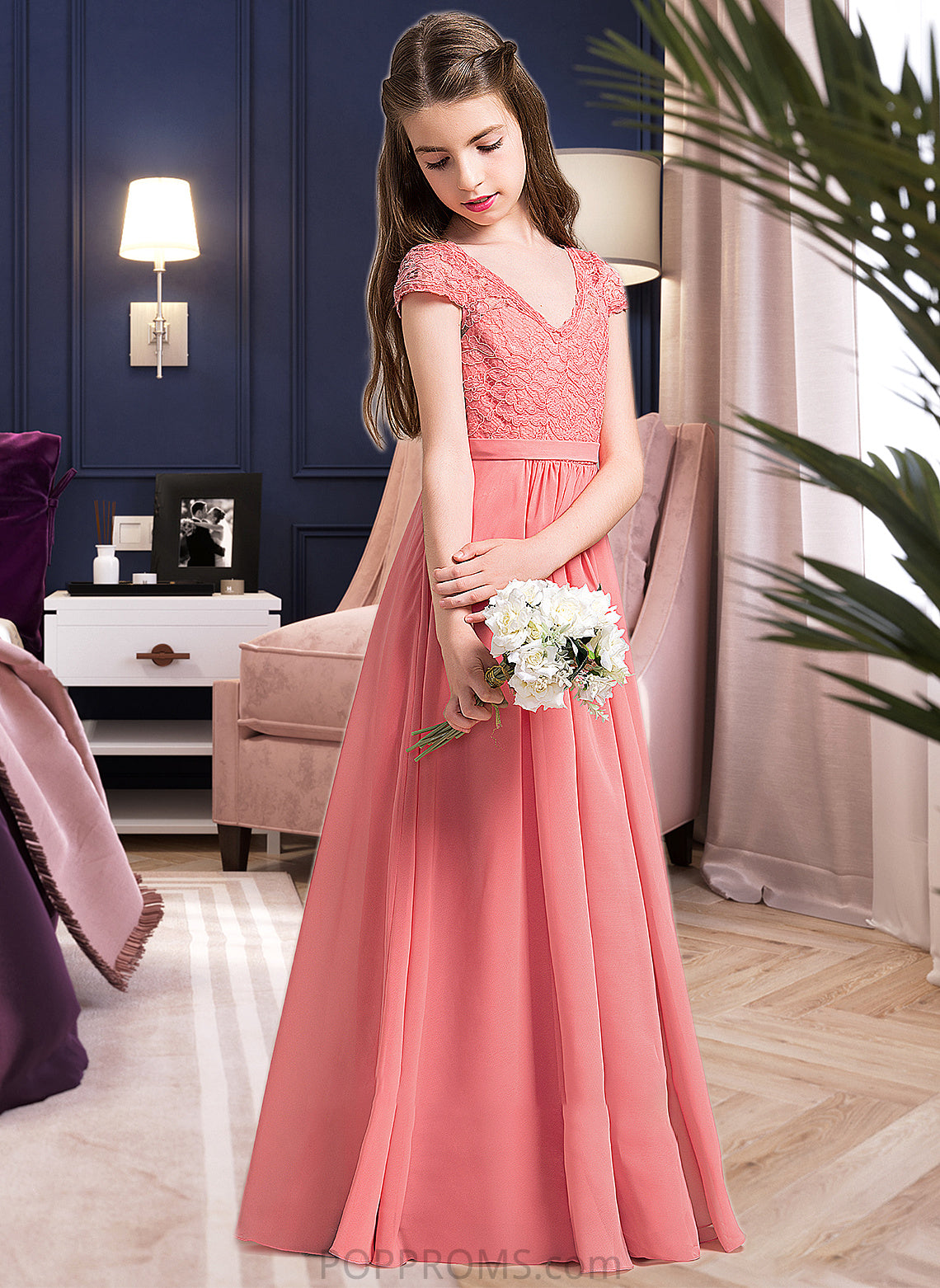 Lindsey A-Line V-neck Floor-Length Chiffon Lace Junior Bridesmaid Dress PP6P0013634