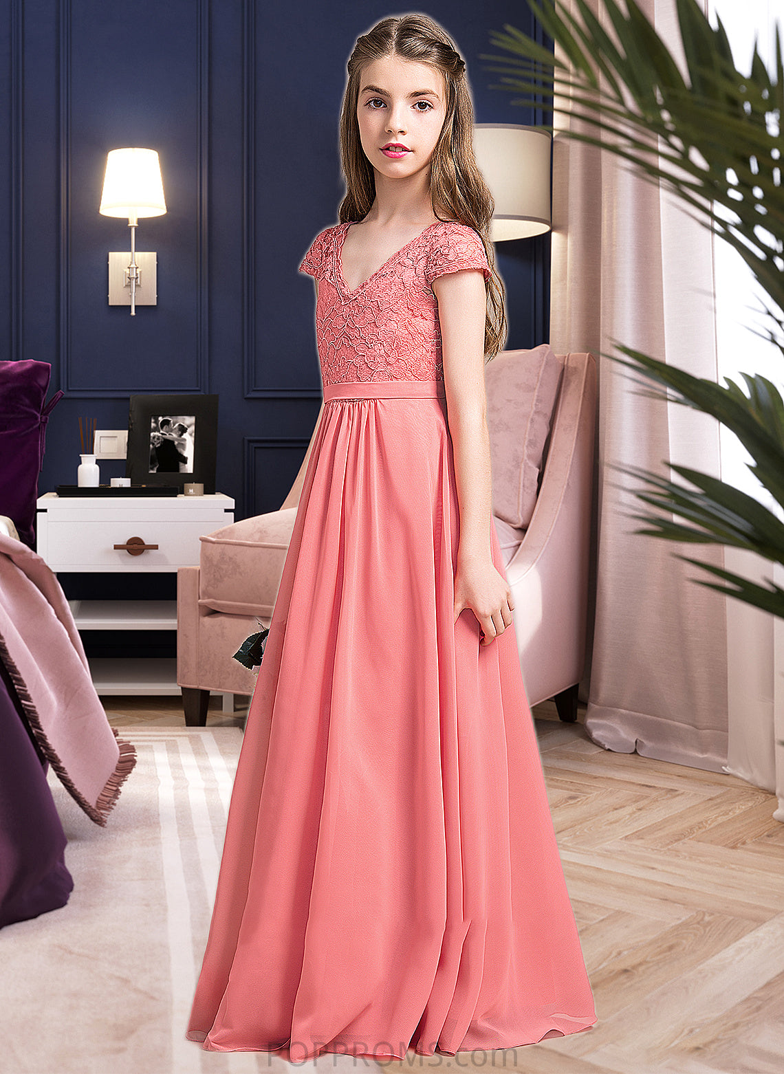 Lindsey A-Line V-neck Floor-Length Chiffon Lace Junior Bridesmaid Dress PP6P0013634