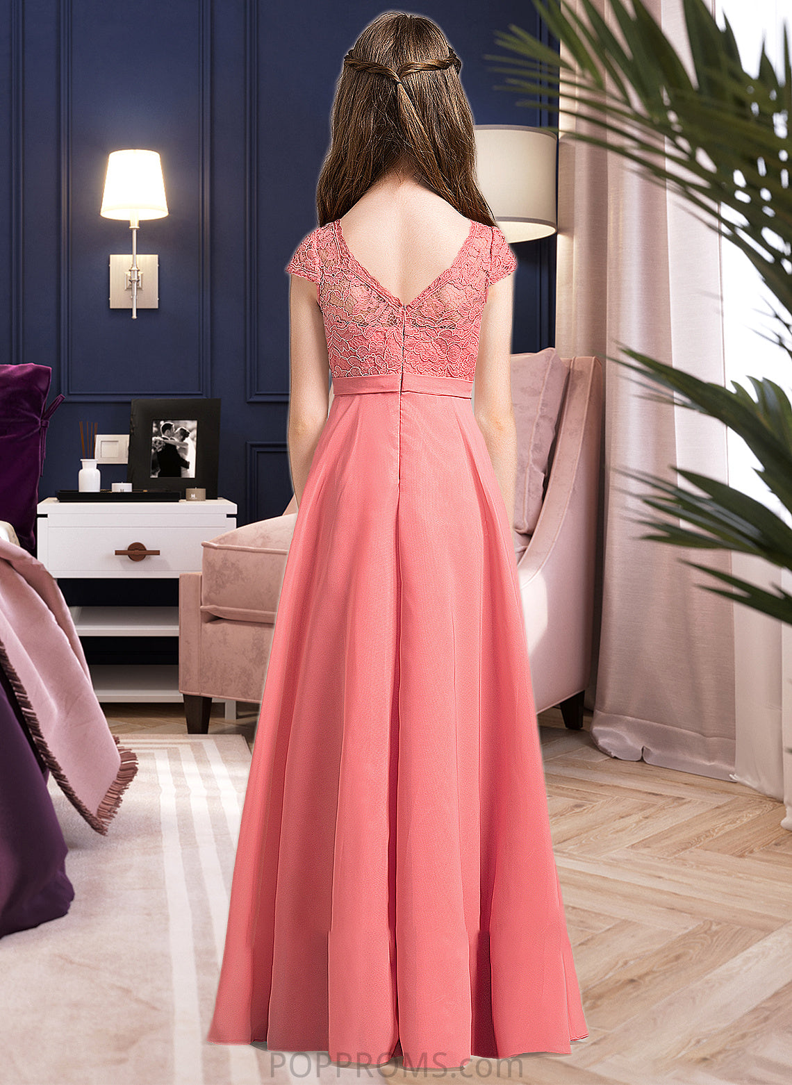 Lindsey A-Line V-neck Floor-Length Chiffon Lace Junior Bridesmaid Dress PP6P0013634