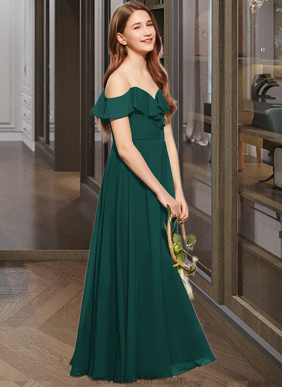 Clara A-Line Off-the-Shoulder Floor-Length Chiffon Junior Bridesmaid Dress With Cascading Ruffles PP6P0013635