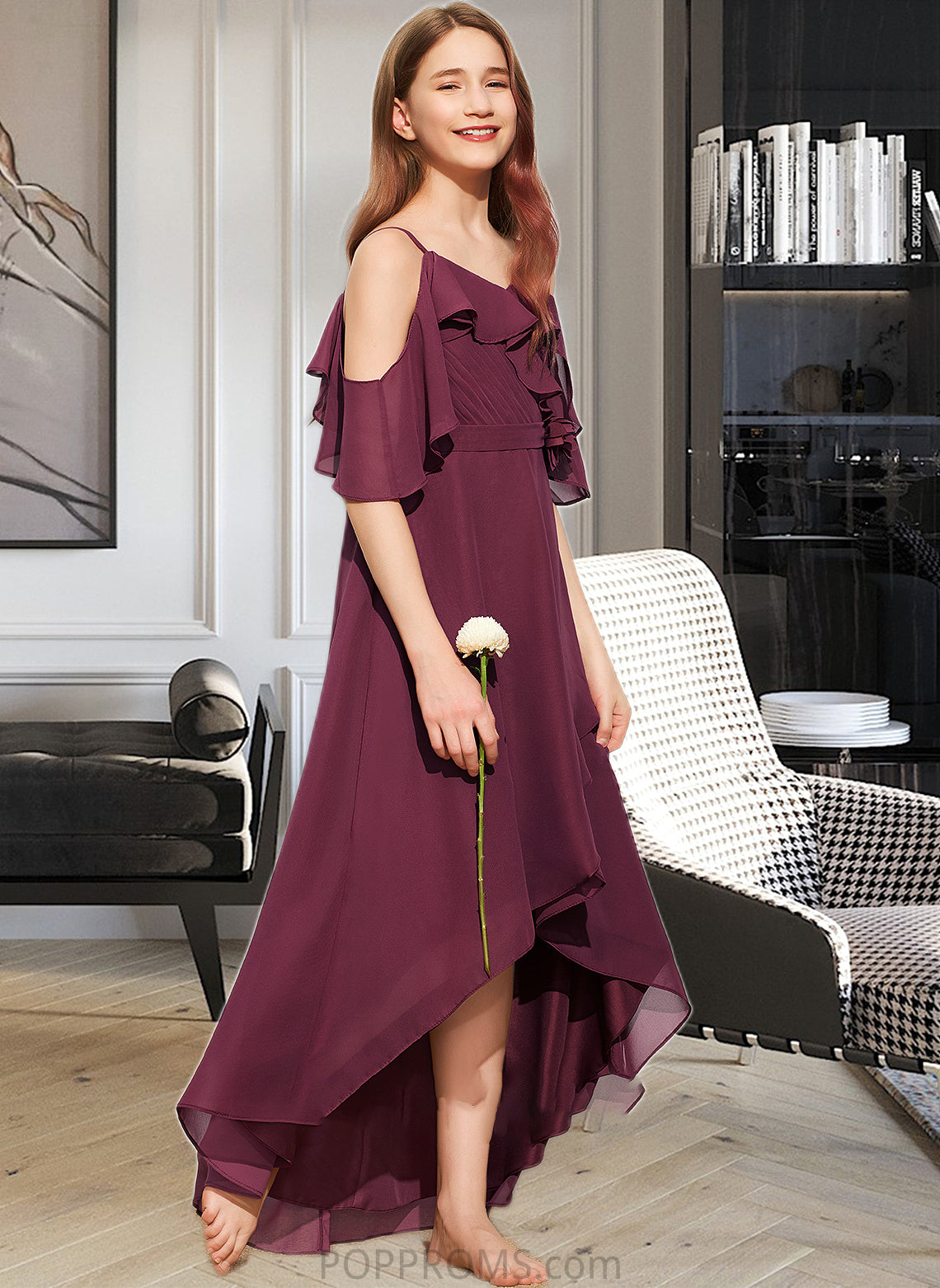 Amaris A-Line Off-the-Shoulder Asymmetrical Chiffon Junior Bridesmaid Dress With Cascading Ruffles PP6P0013636