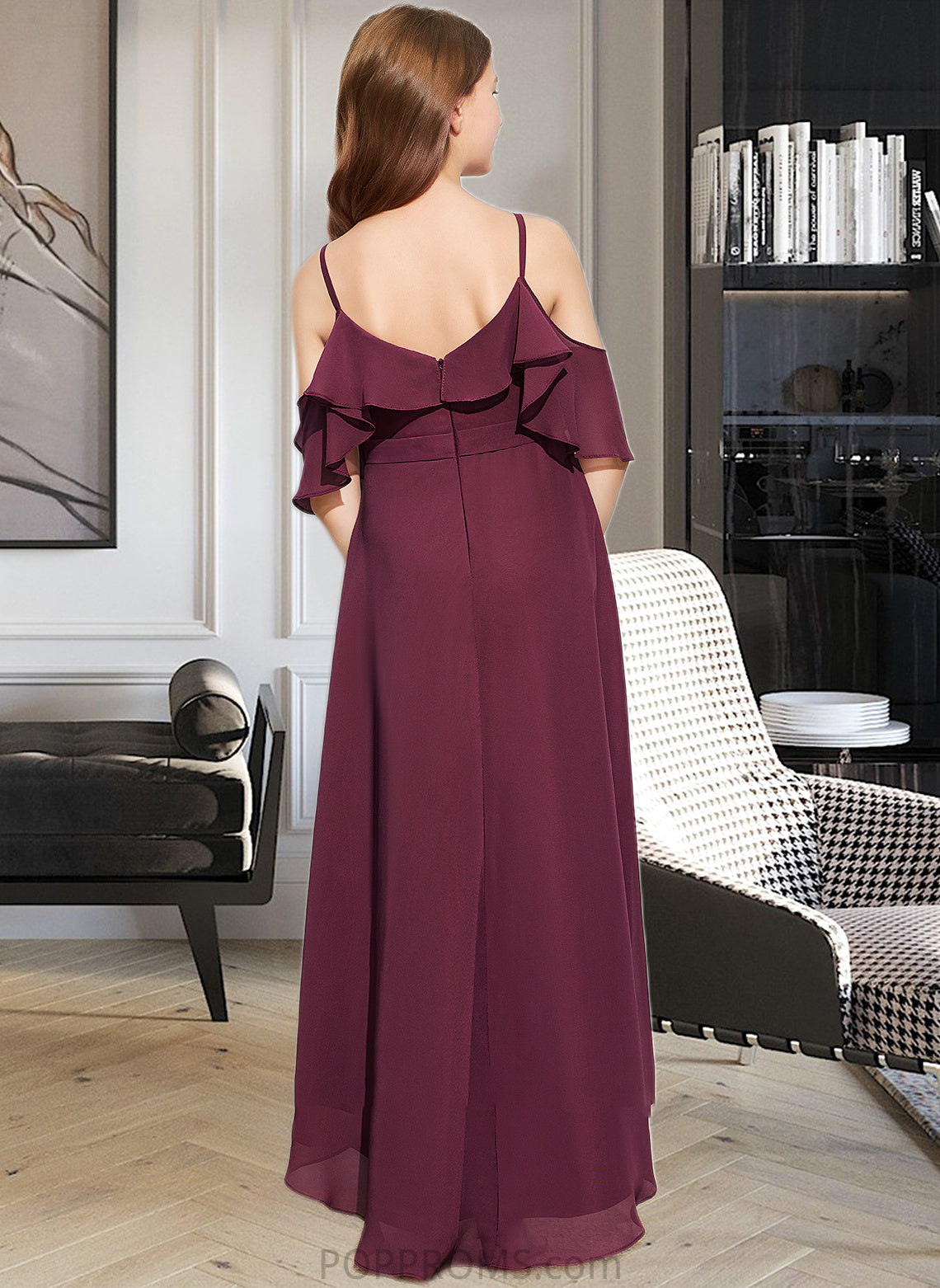 Amaris A-Line Off-the-Shoulder Asymmetrical Chiffon Junior Bridesmaid Dress With Cascading Ruffles PP6P0013636