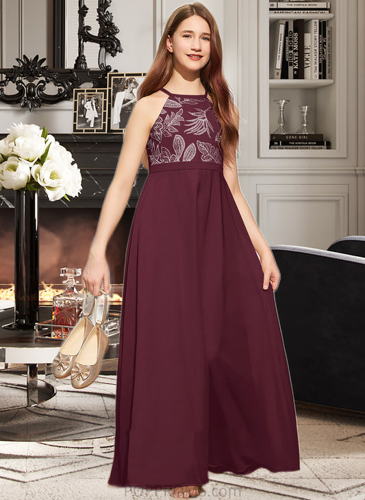 Yoselin A-Line Scoop Neck Floor-Length Chiffon Lace Junior Bridesmaid Dress With Bow(s) PP6P0013637