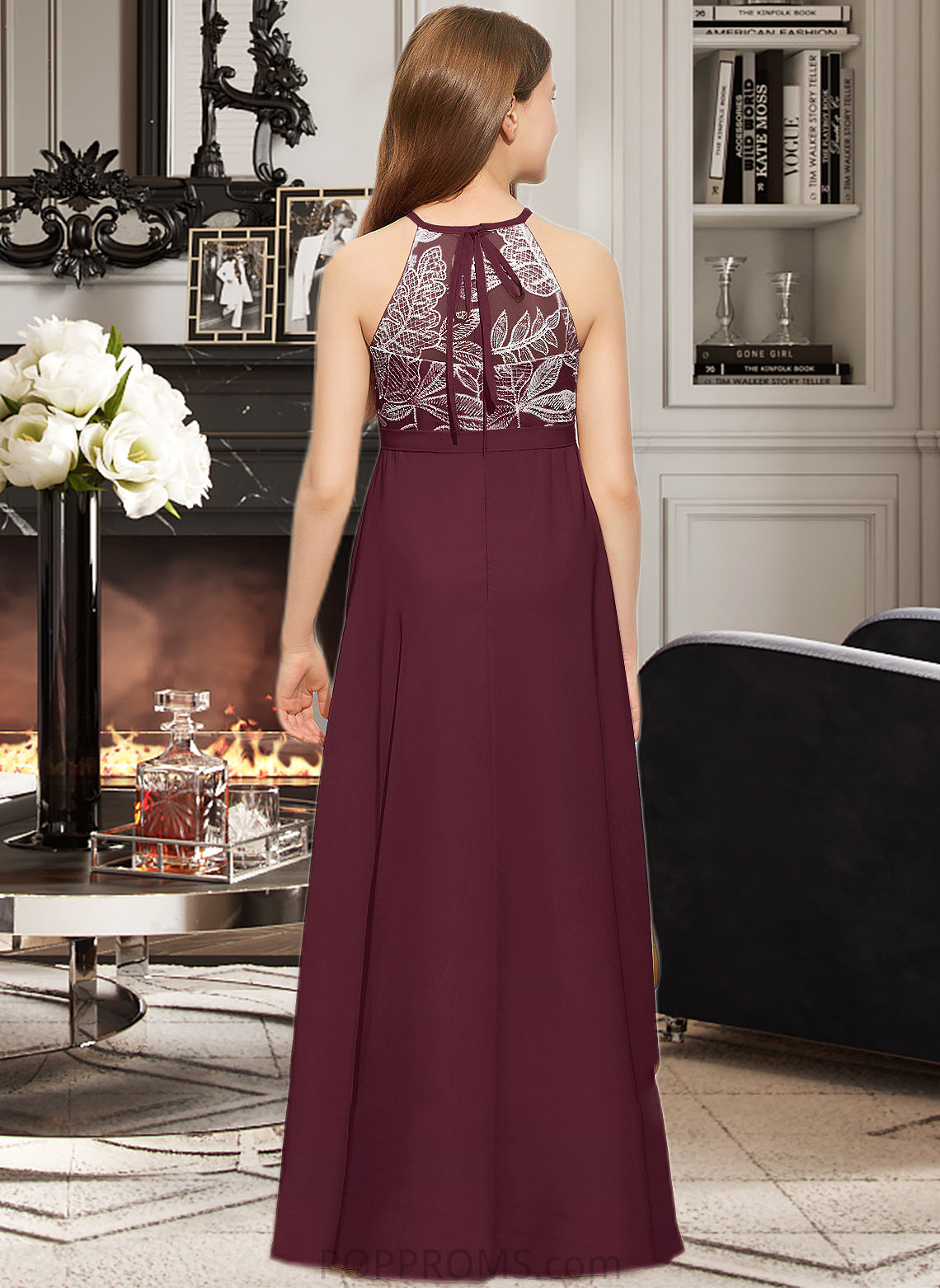 Yoselin A-Line Scoop Neck Floor-Length Chiffon Lace Junior Bridesmaid Dress With Bow(s) PP6P0013637