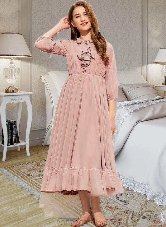 Gracie A-Line Scoop Neck Tea-Length Chiffon Junior Bridesmaid Dress With Bow(s) Cascading Ruffles PP6P0013638