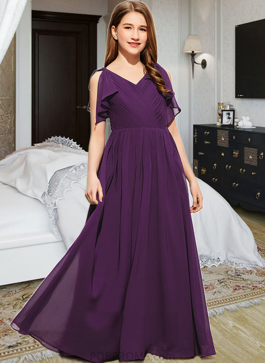 Hallie A-Line V-neck Floor-Length Chiffon Junior Bridesmaid Dress With Bow(s) Cascading Ruffles PP6P0013639