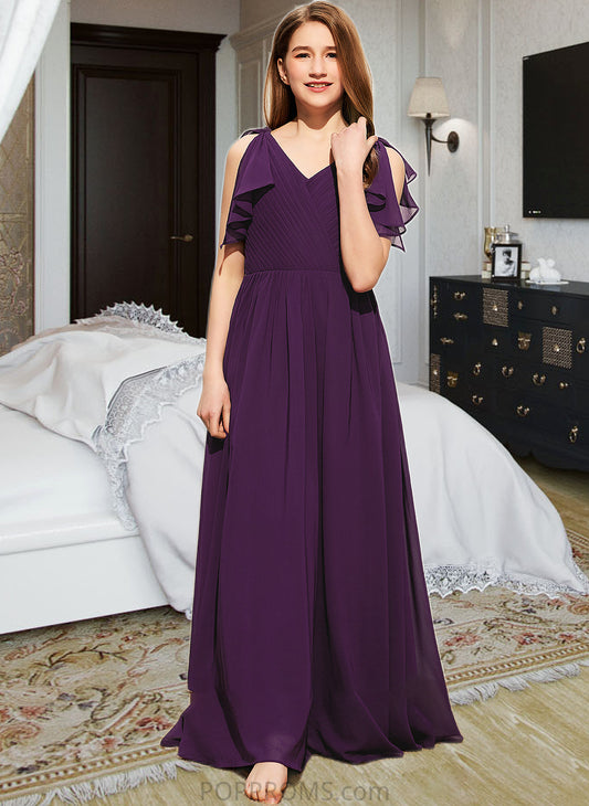 Hallie A-Line V-neck Floor-Length Chiffon Junior Bridesmaid Dress With Bow(s) Cascading Ruffles PP6P0013639