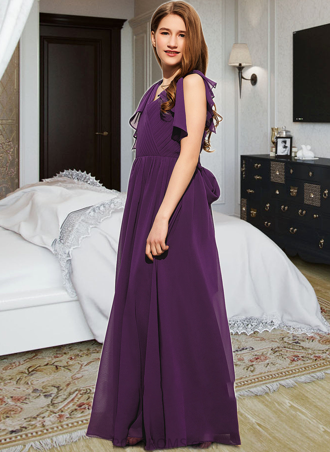 Hallie A-Line V-neck Floor-Length Chiffon Junior Bridesmaid Dress With Bow(s) Cascading Ruffles PP6P0013639