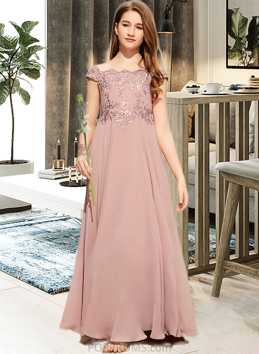 Kendal A-Line Off-the-Shoulder Floor-Length Chiffon Lace Junior Bridesmaid Dress PP6P0013640