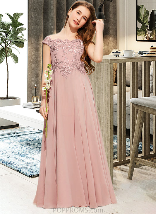 Kendal A-Line Off-the-Shoulder Floor-Length Chiffon Lace Junior Bridesmaid Dress PP6P0013640