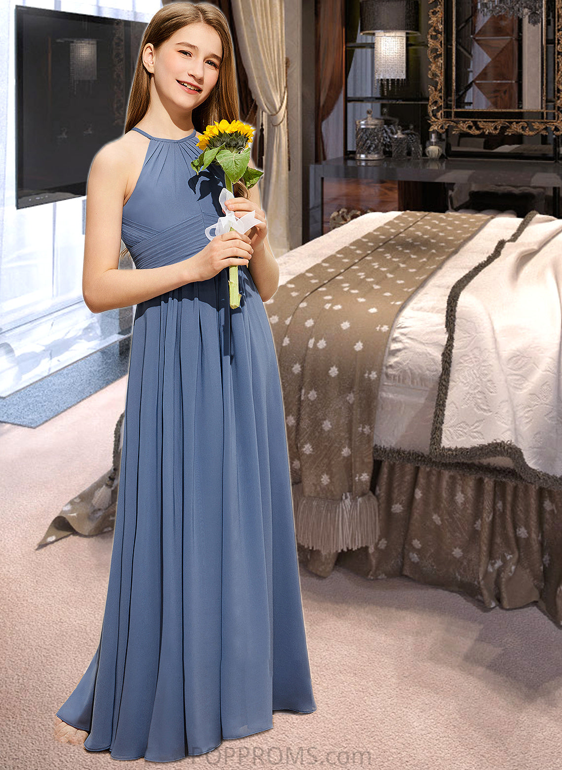 Robin A-Line Scoop Neck Floor-Length Chiffon Junior Bridesmaid Dress With Ruffle PP6P0013641