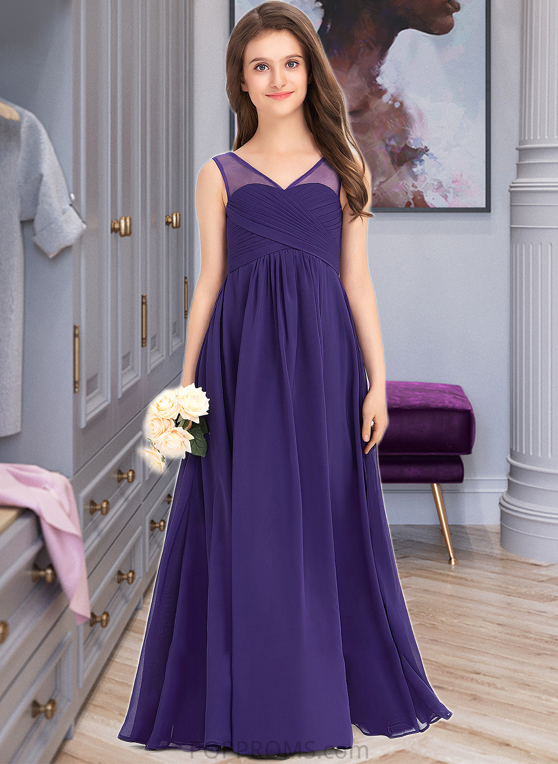 Michelle A-Line V-neck Floor-Length Chiffon Junior Bridesmaid Dress With Ruffle PP6P0013642