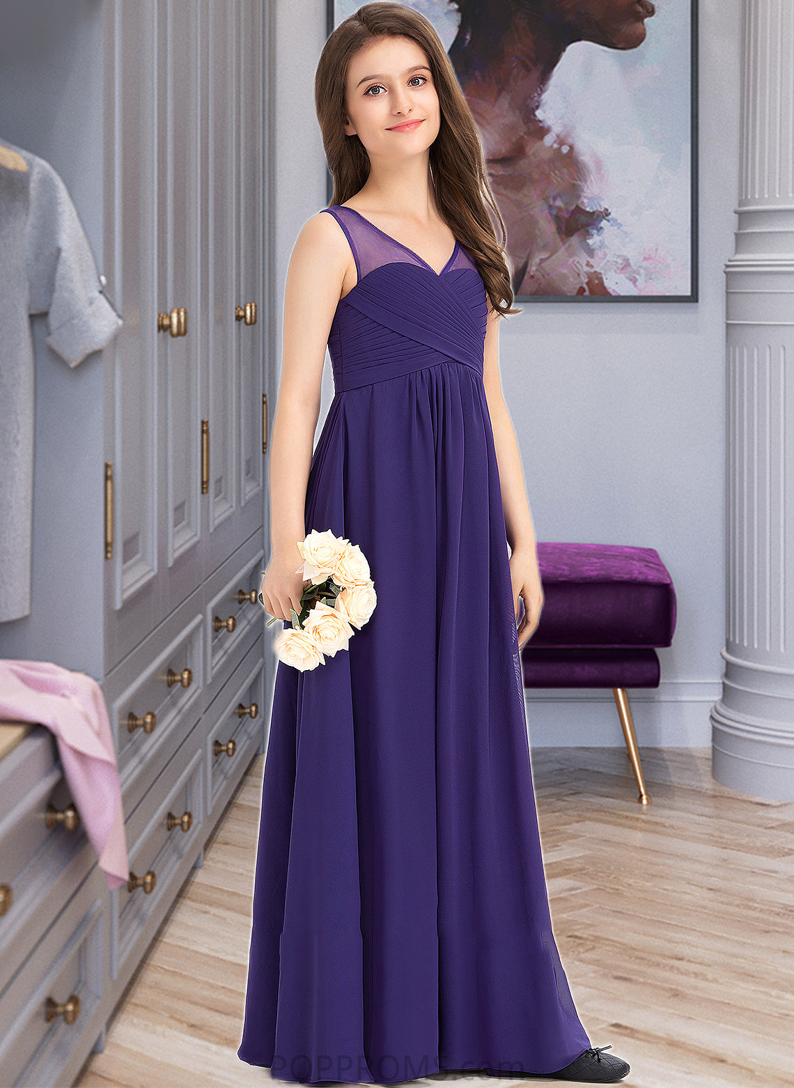 Michelle A-Line V-neck Floor-Length Chiffon Junior Bridesmaid Dress With Ruffle PP6P0013642