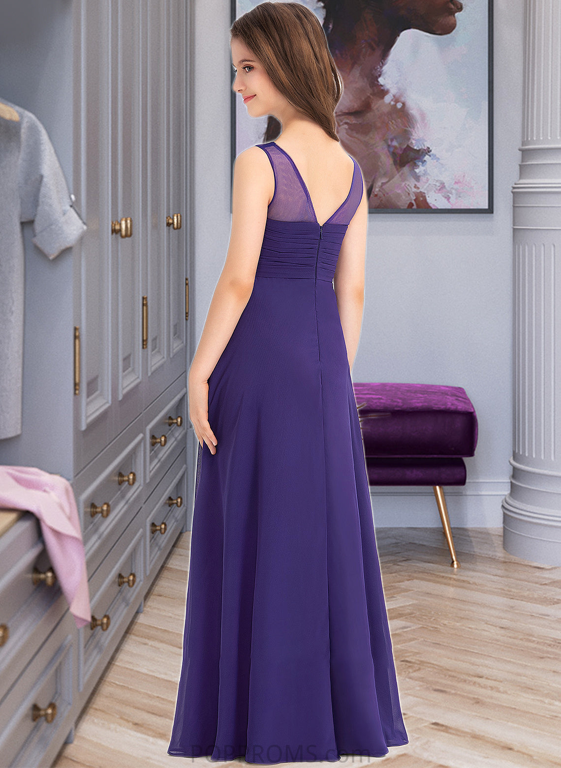 Michelle A-Line V-neck Floor-Length Chiffon Junior Bridesmaid Dress With Ruffle PP6P0013642