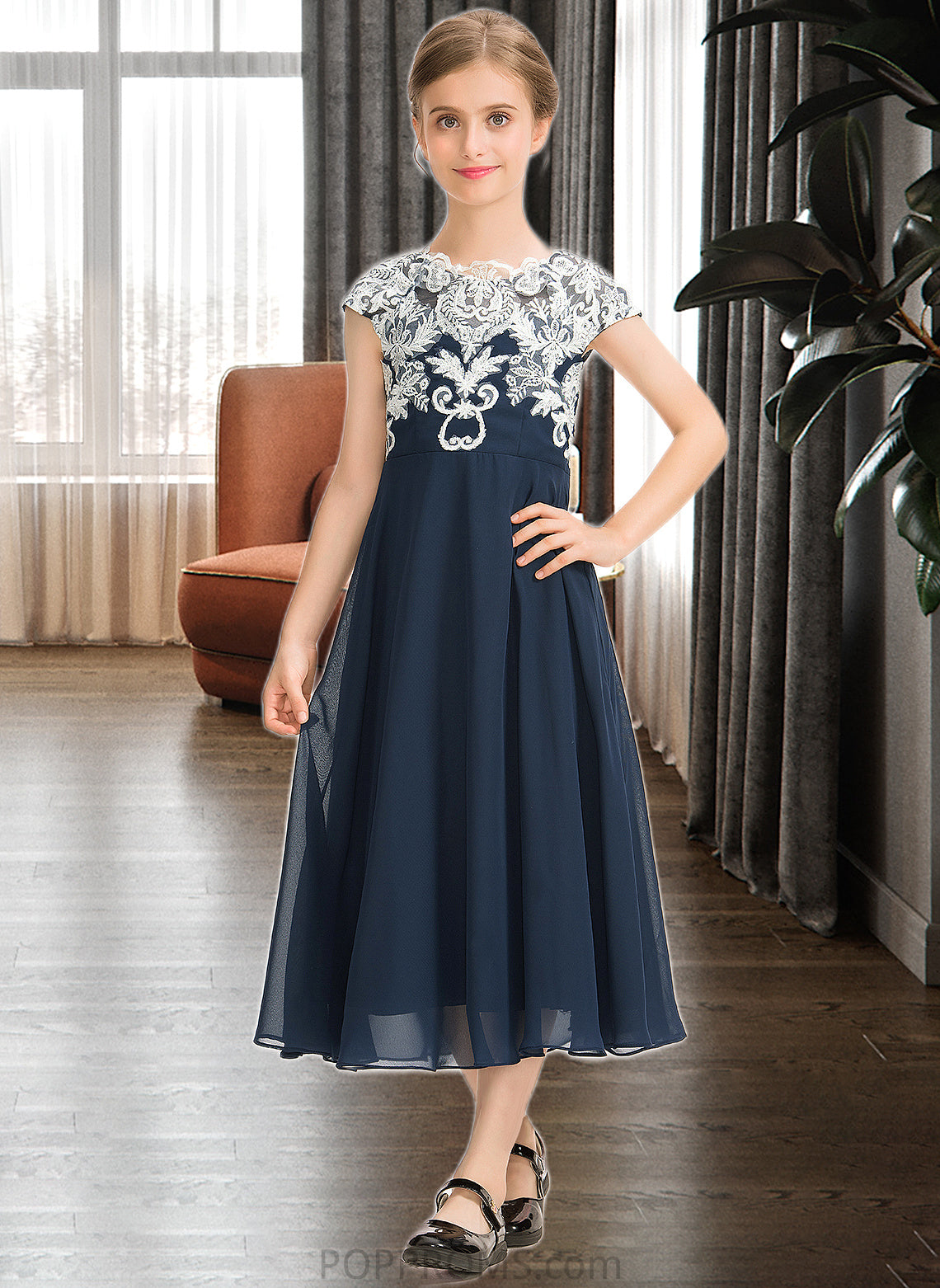 Damaris A-Line Scoop Neck Tea-Length Chiffon Lace Junior Bridesmaid Dress PP6P0013643