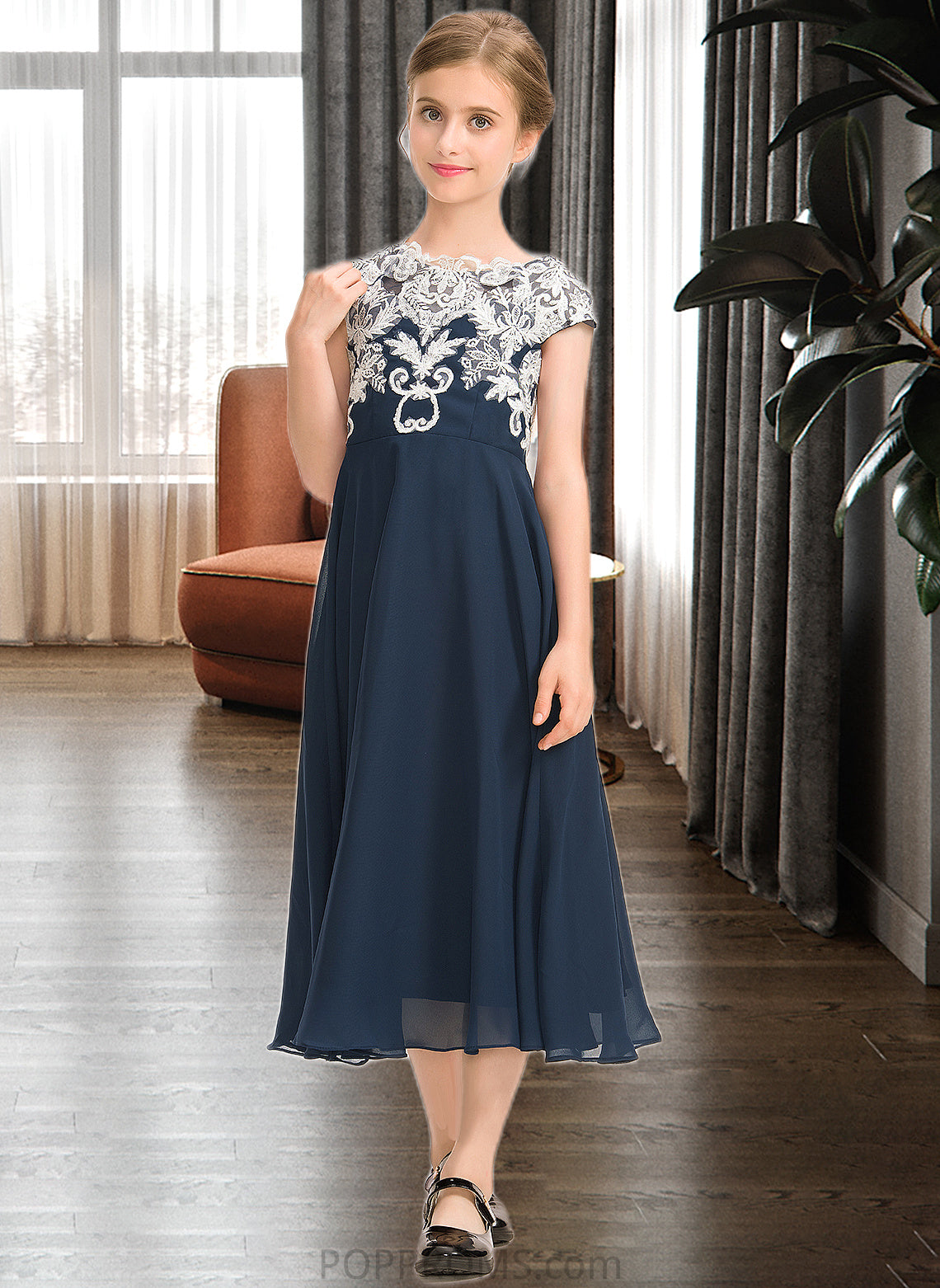 Damaris A-Line Scoop Neck Tea-Length Chiffon Lace Junior Bridesmaid Dress PP6P0013643