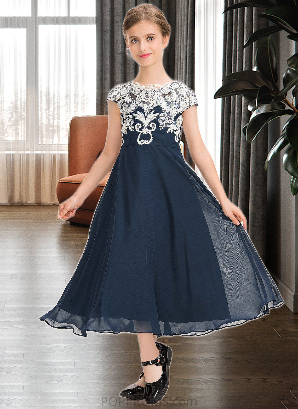 Damaris A-Line Scoop Neck Tea-Length Chiffon Lace Junior Bridesmaid Dress PP6P0013643