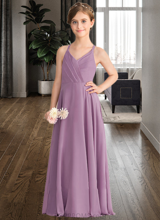 Helena A-Line V-neck Floor-Length Chiffon Junior Bridesmaid Dress With Cascading Ruffles PP6P0013644