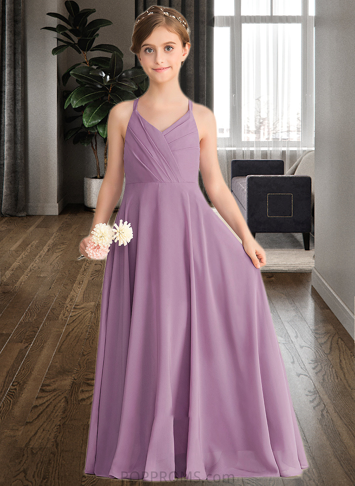 Helena A-Line V-neck Floor-Length Chiffon Junior Bridesmaid Dress With Cascading Ruffles PP6P0013644