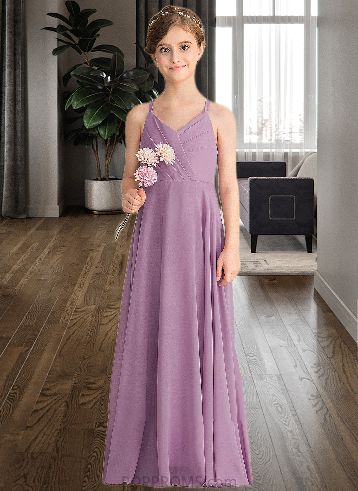 Helena A-Line V-neck Floor-Length Chiffon Junior Bridesmaid Dress With Cascading Ruffles PP6P0013644