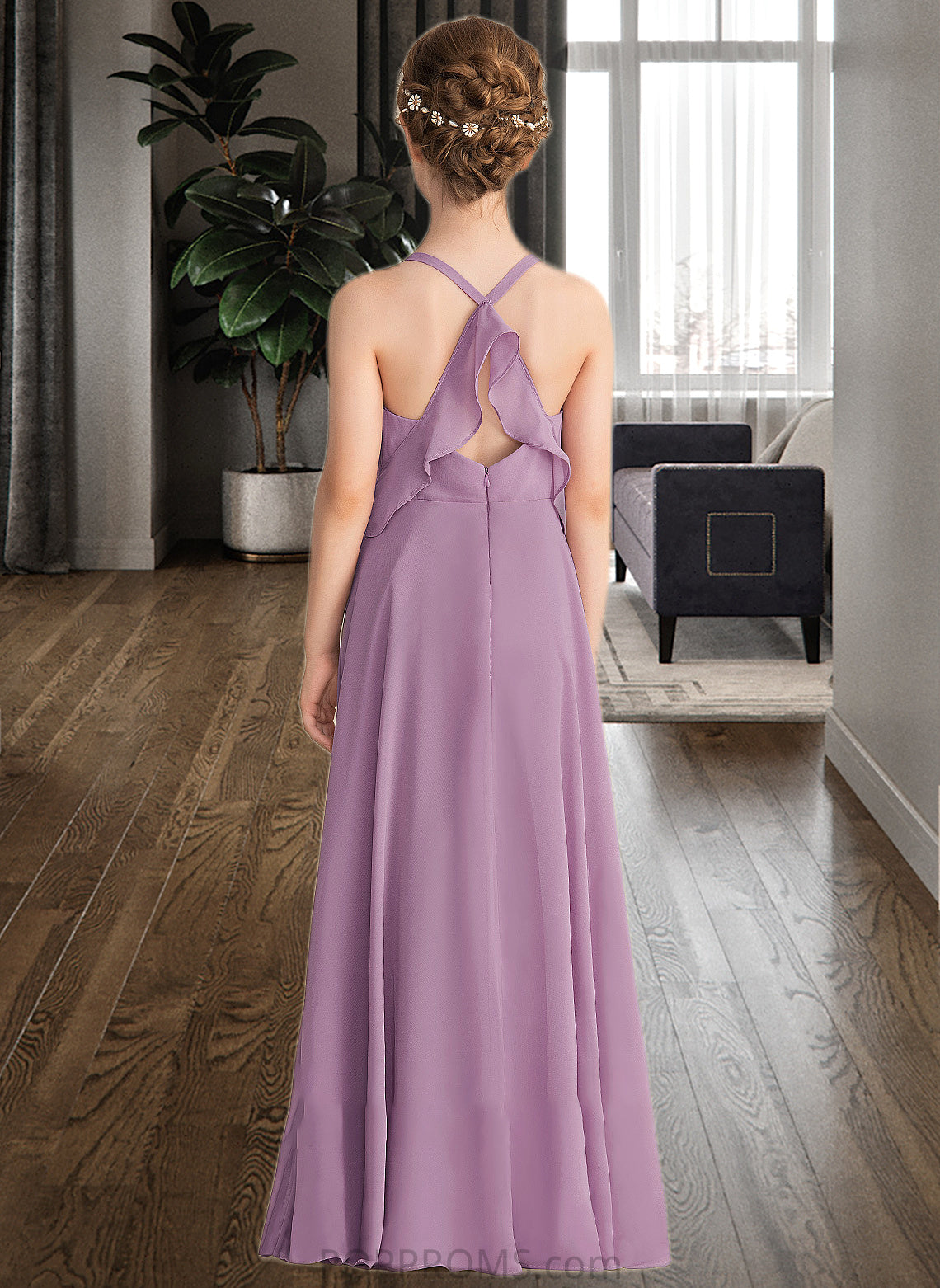 Helena A-Line V-neck Floor-Length Chiffon Junior Bridesmaid Dress With Cascading Ruffles PP6P0013644