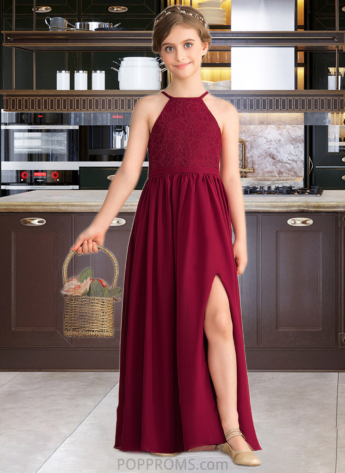 Carlie A-Line Scoop Neck Floor-Length Chiffon Lace Junior Bridesmaid Dress With Split Front PP6P0013645