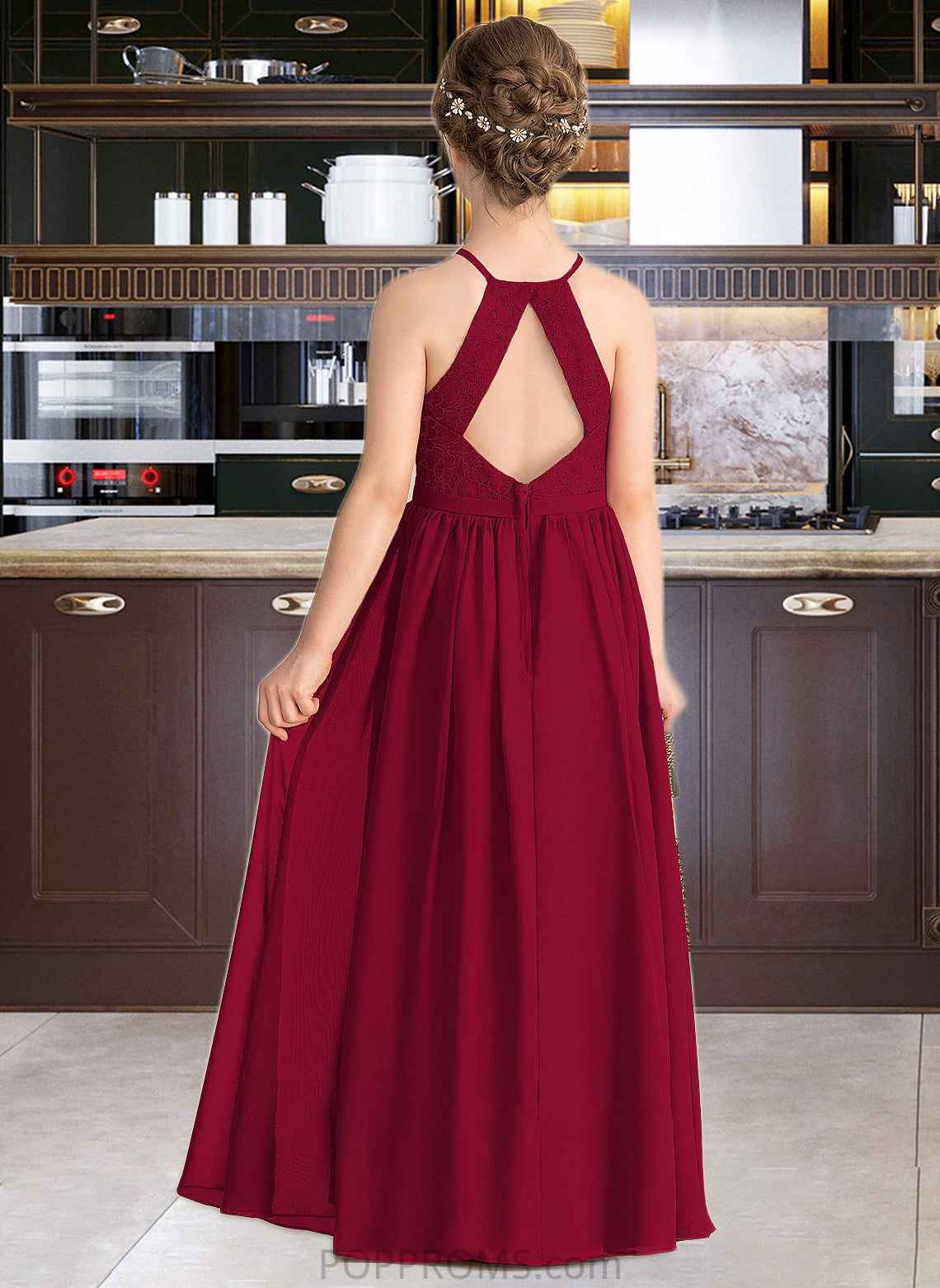 Carlie A-Line Scoop Neck Floor-Length Chiffon Lace Junior Bridesmaid Dress With Split Front PP6P0013645