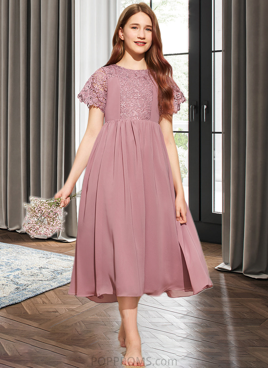 Haylee A-Line Scoop Neck Tea-Length Chiffon Lace Junior Bridesmaid Dress PP6P0013648