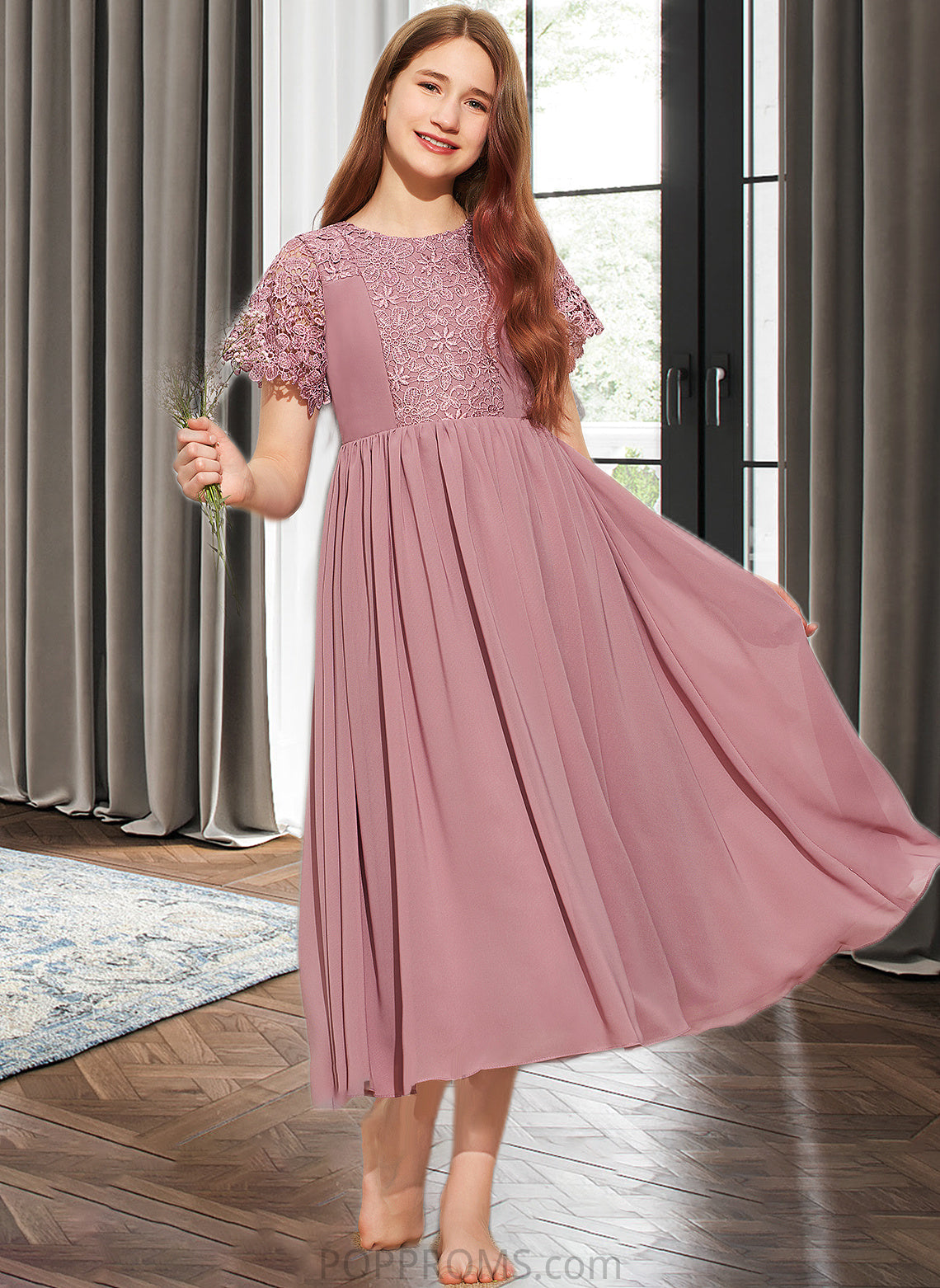 Haylee A-Line Scoop Neck Tea-Length Chiffon Lace Junior Bridesmaid Dress PP6P0013648