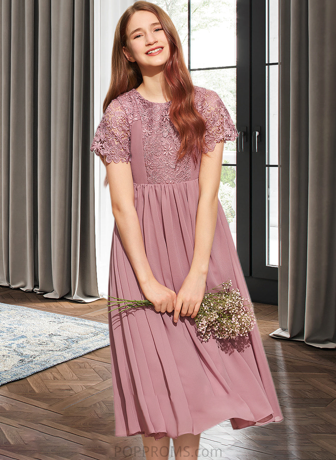 Haylee A-Line Scoop Neck Tea-Length Chiffon Lace Junior Bridesmaid Dress PP6P0013648