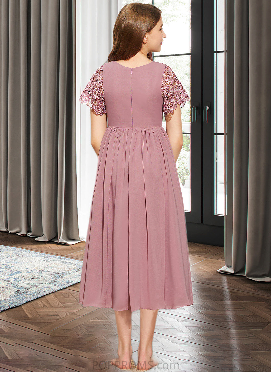 Haylee A-Line Scoop Neck Tea-Length Chiffon Lace Junior Bridesmaid Dress PP6P0013648