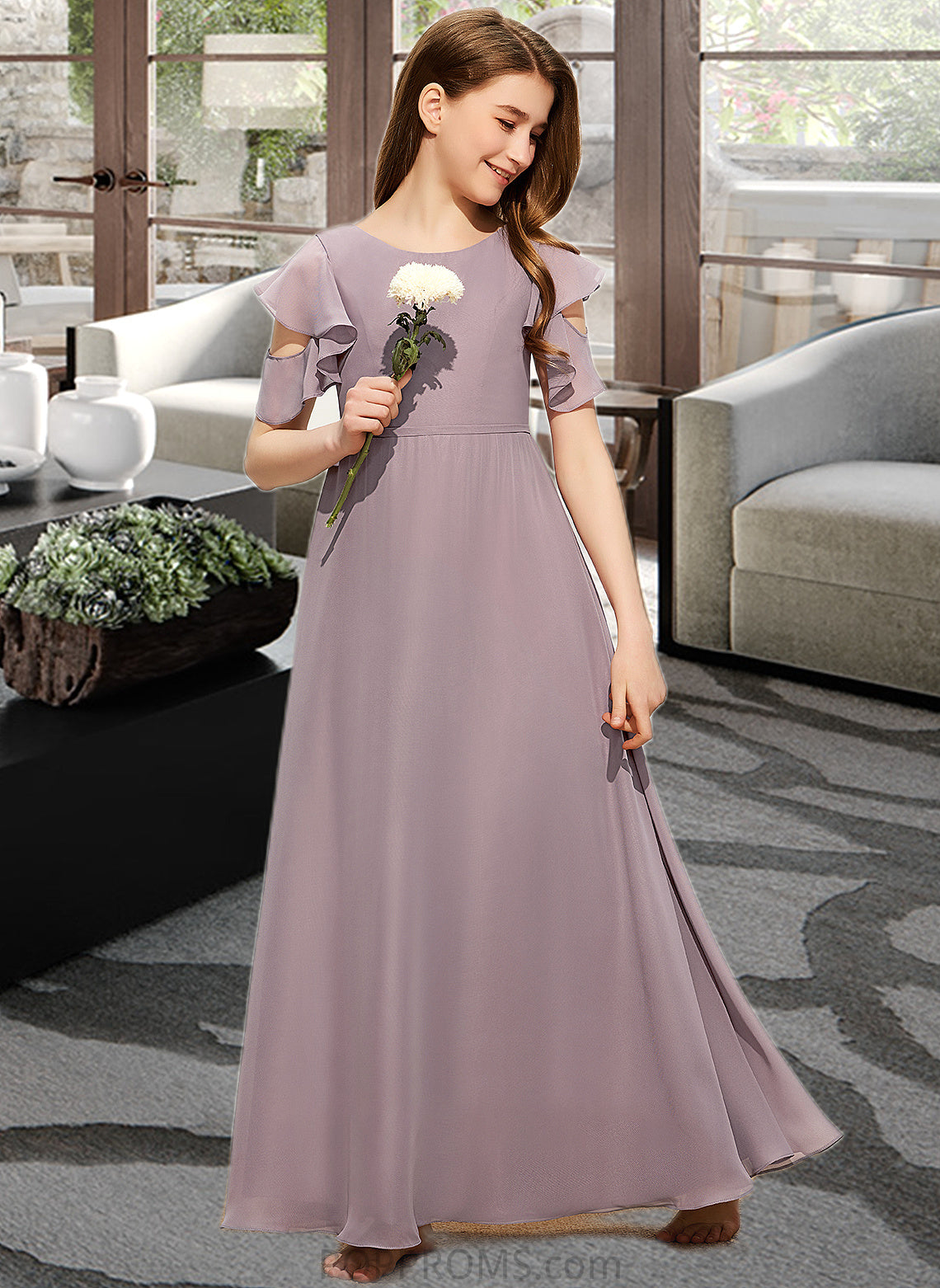 Tricia A-Line Scoop Neck Floor-Length Chiffon Junior Bridesmaid Dress With Cascading Ruffles PP6P0013649