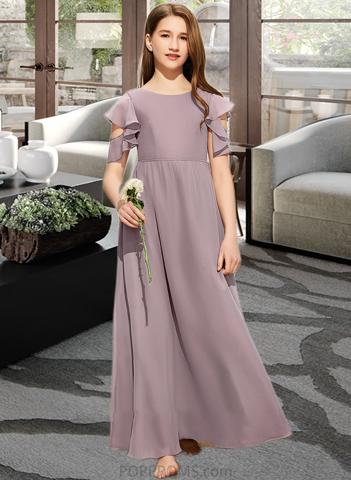 Tricia A-Line Scoop Neck Floor-Length Chiffon Junior Bridesmaid Dress With Cascading Ruffles PP6P0013649