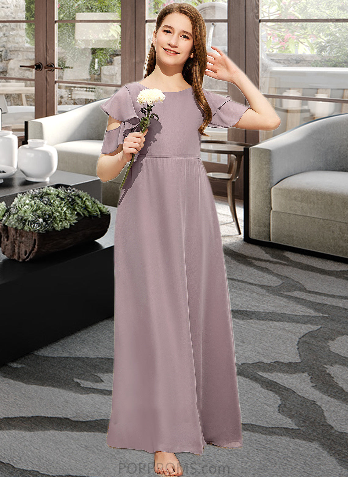 Tricia A-Line Scoop Neck Floor-Length Chiffon Junior Bridesmaid Dress With Cascading Ruffles PP6P0013649