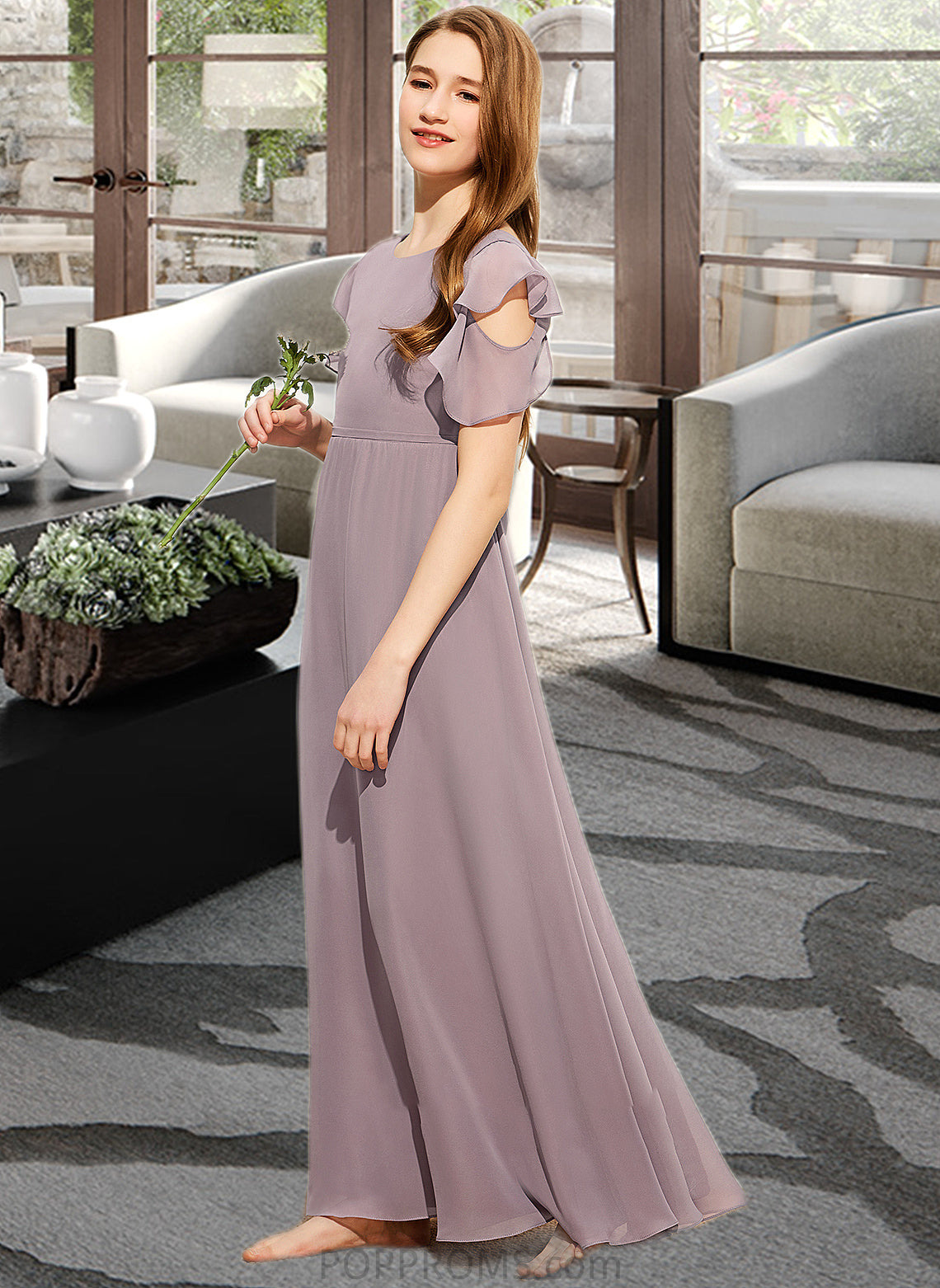 Tricia A-Line Scoop Neck Floor-Length Chiffon Junior Bridesmaid Dress With Cascading Ruffles PP6P0013649