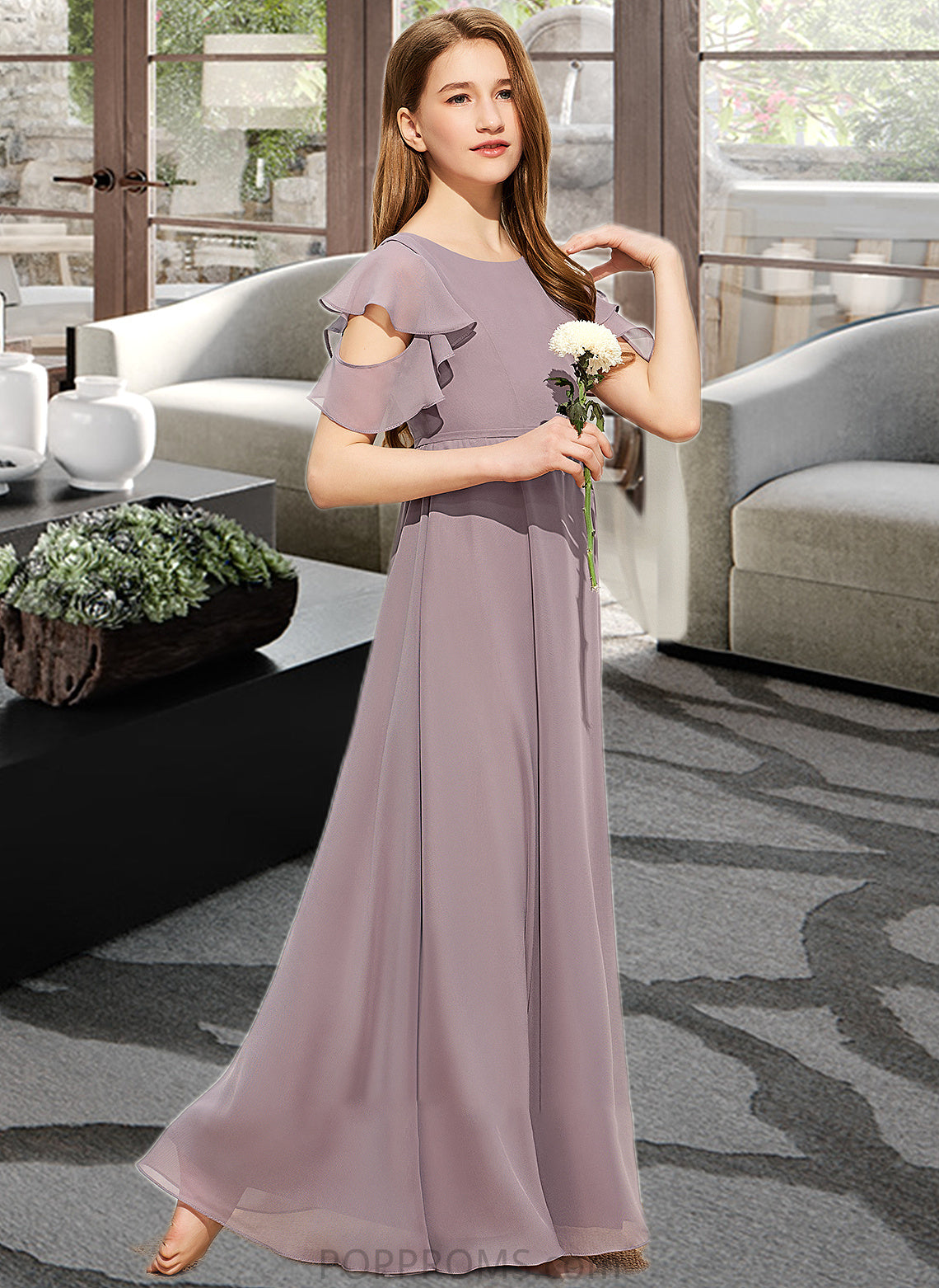 Tricia A-Line Scoop Neck Floor-Length Chiffon Junior Bridesmaid Dress With Cascading Ruffles PP6P0013649