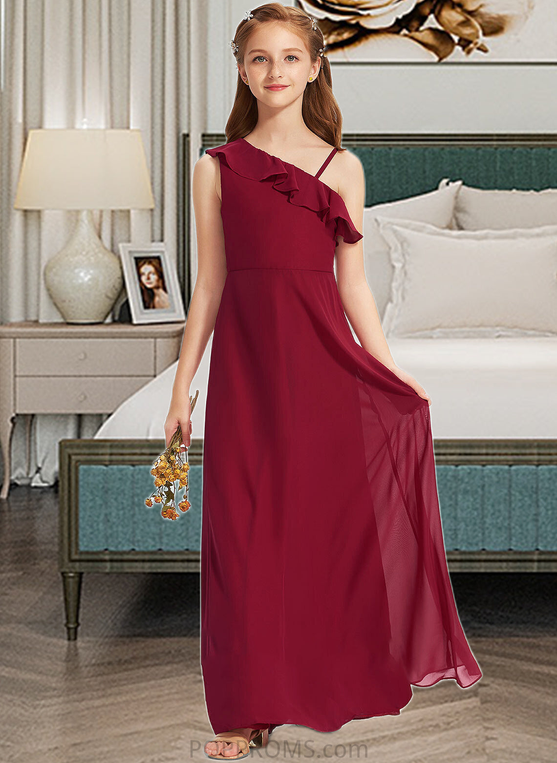 Helga A-Line One-Shoulder Floor-Length Chiffon Junior Bridesmaid Dress With Ruffles PP6P0013650