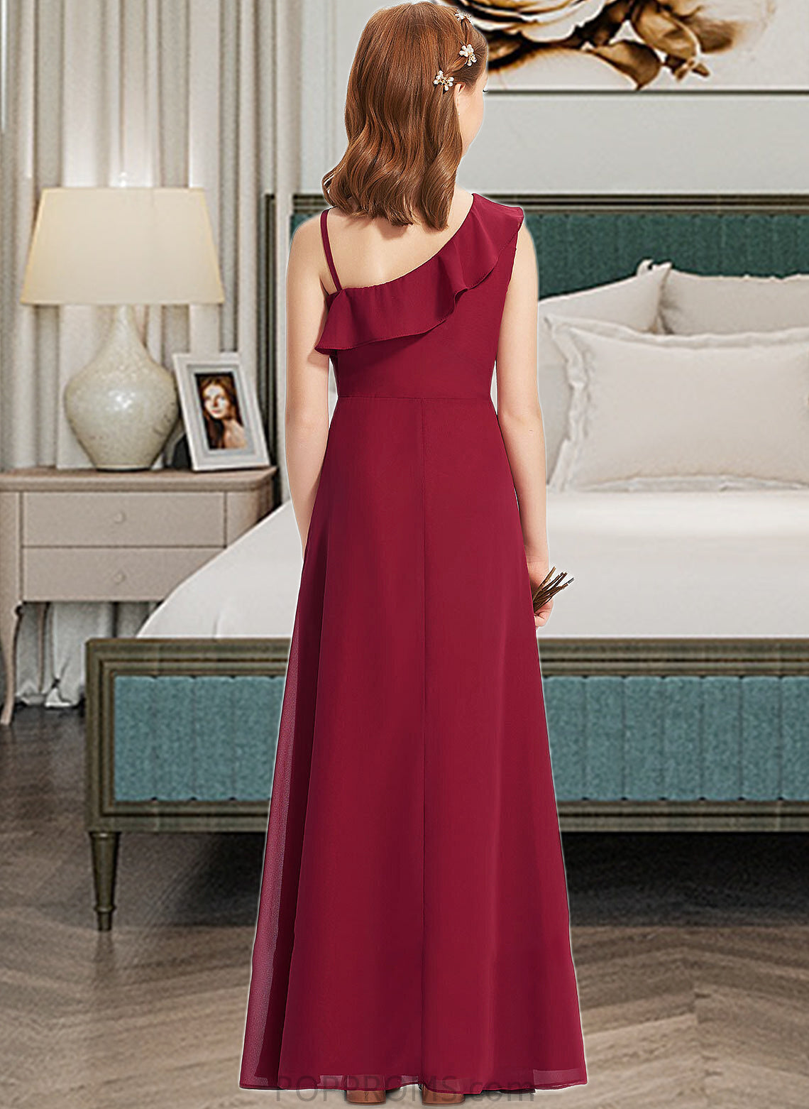 Helga A-Line One-Shoulder Floor-Length Chiffon Junior Bridesmaid Dress With Ruffles PP6P0013650