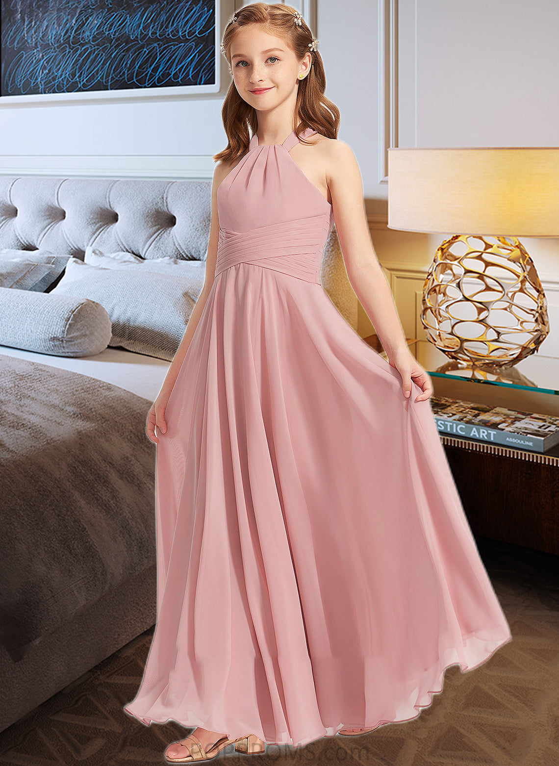 Zoe A-Line Square Neckline Floor-Length Chiffon Junior Bridesmaid Dress With Ruffle PP6P0013651