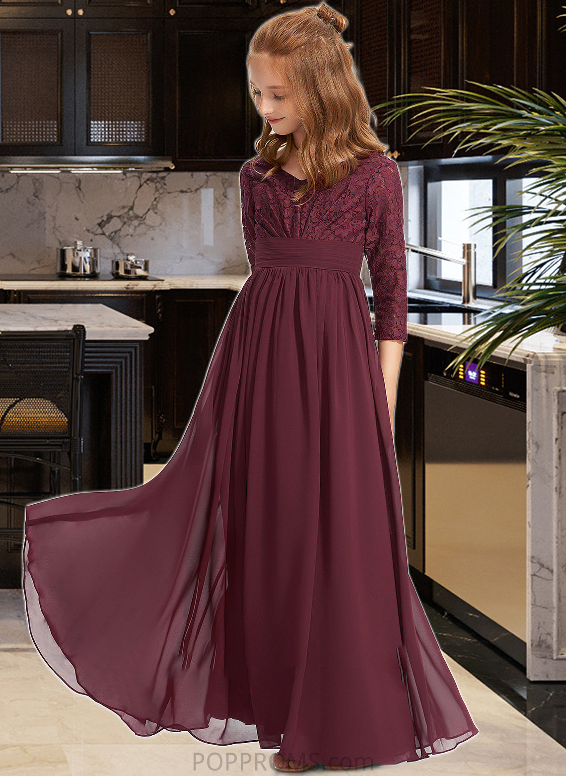 Vanessa A-Line V-neck Floor-Length Chiffon Lace Junior Bridesmaid Dress PP6P0013652