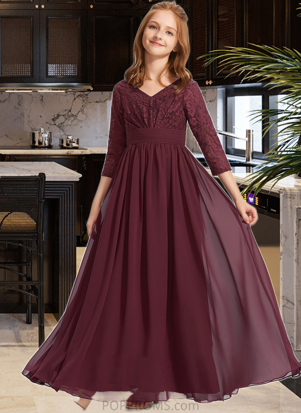 Vanessa A-Line V-neck Floor-Length Chiffon Lace Junior Bridesmaid Dress PP6P0013652