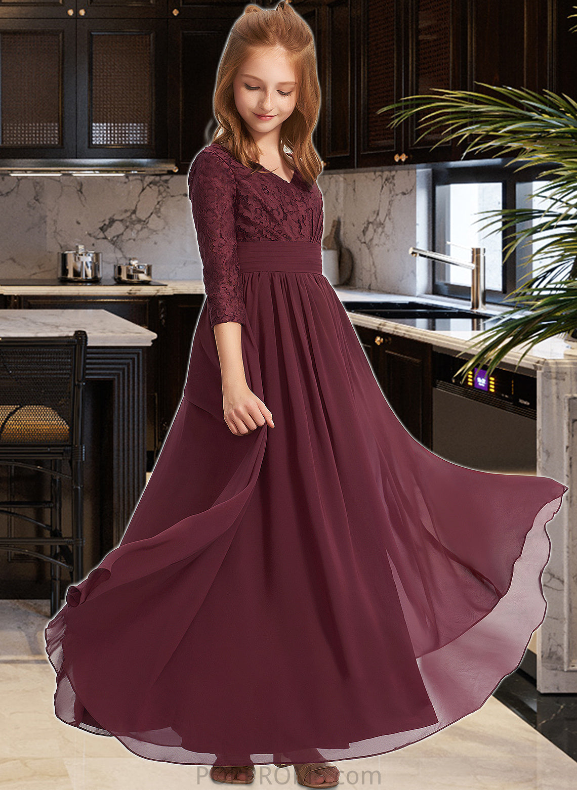 Vanessa A-Line V-neck Floor-Length Chiffon Lace Junior Bridesmaid Dress PP6P0013652