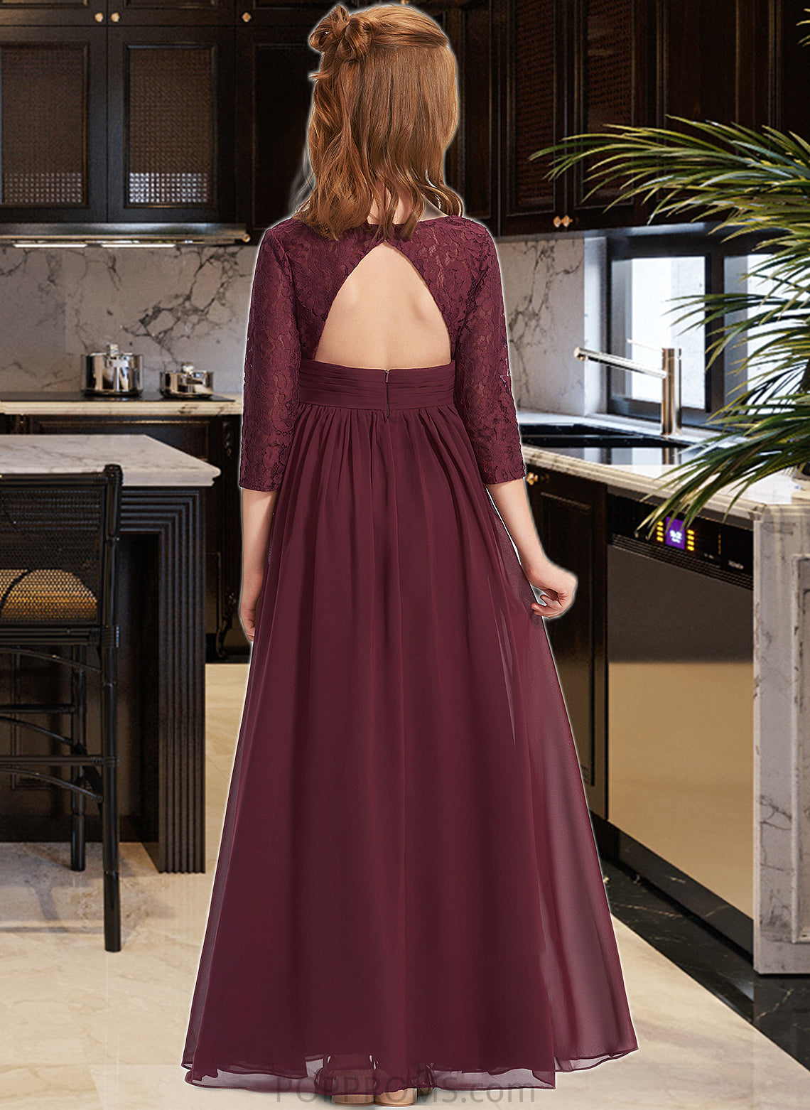 Vanessa A-Line V-neck Floor-Length Chiffon Lace Junior Bridesmaid Dress PP6P0013652