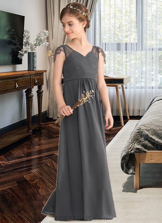 Helen A-Line V-neck Floor-Length Chiffon Junior Bridesmaid Dress With Ruffle Beading PP6P0013653