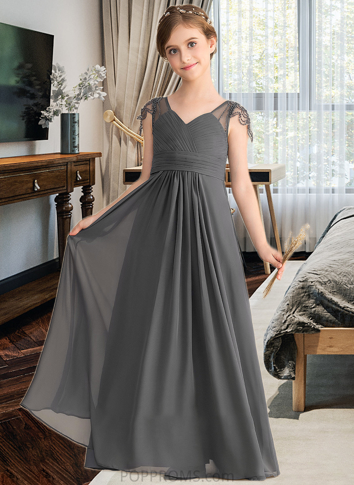 Helen A-Line V-neck Floor-Length Chiffon Junior Bridesmaid Dress With Ruffle Beading PP6P0013653