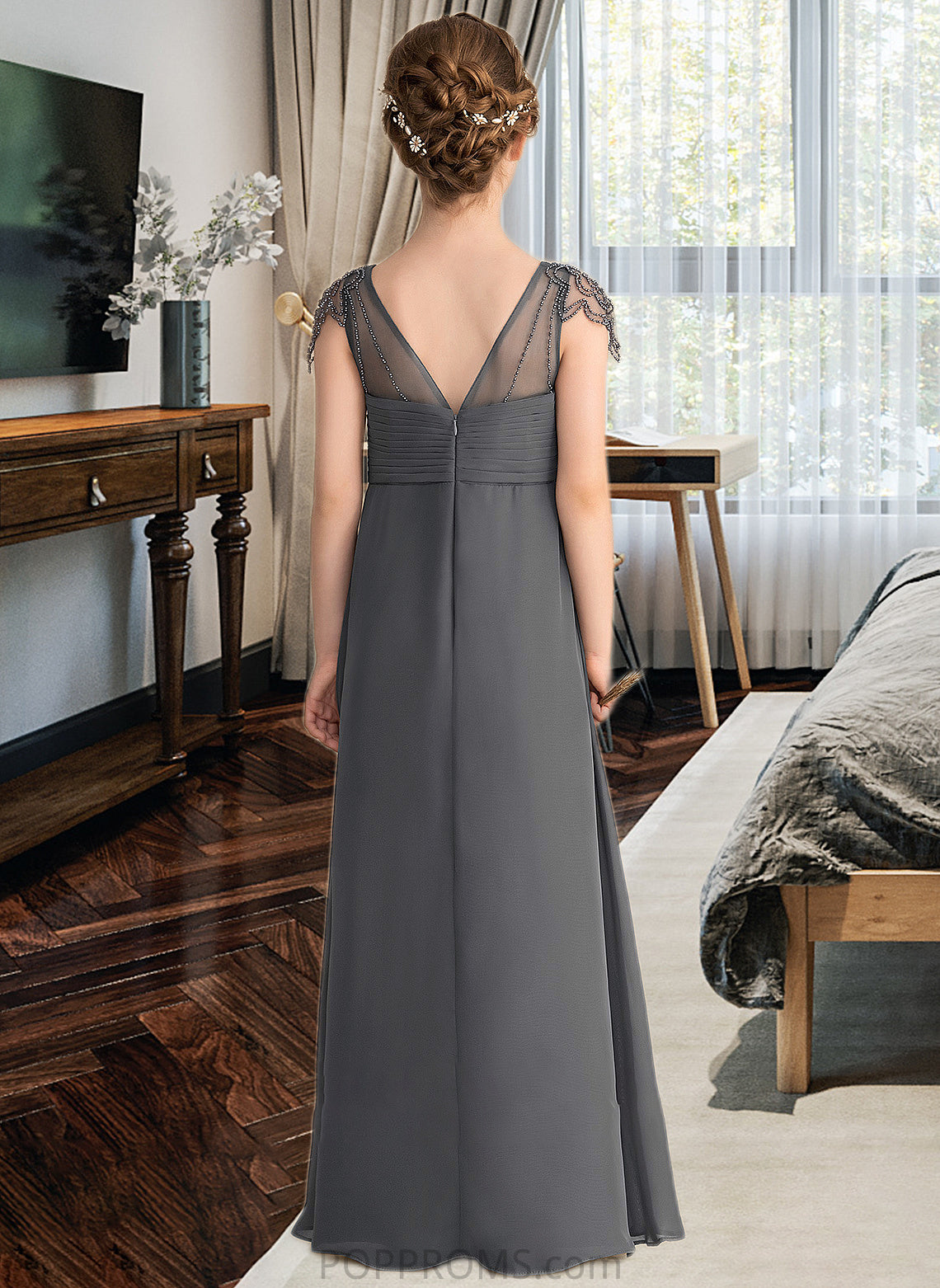 Helen A-Line V-neck Floor-Length Chiffon Junior Bridesmaid Dress With Ruffle Beading PP6P0013653