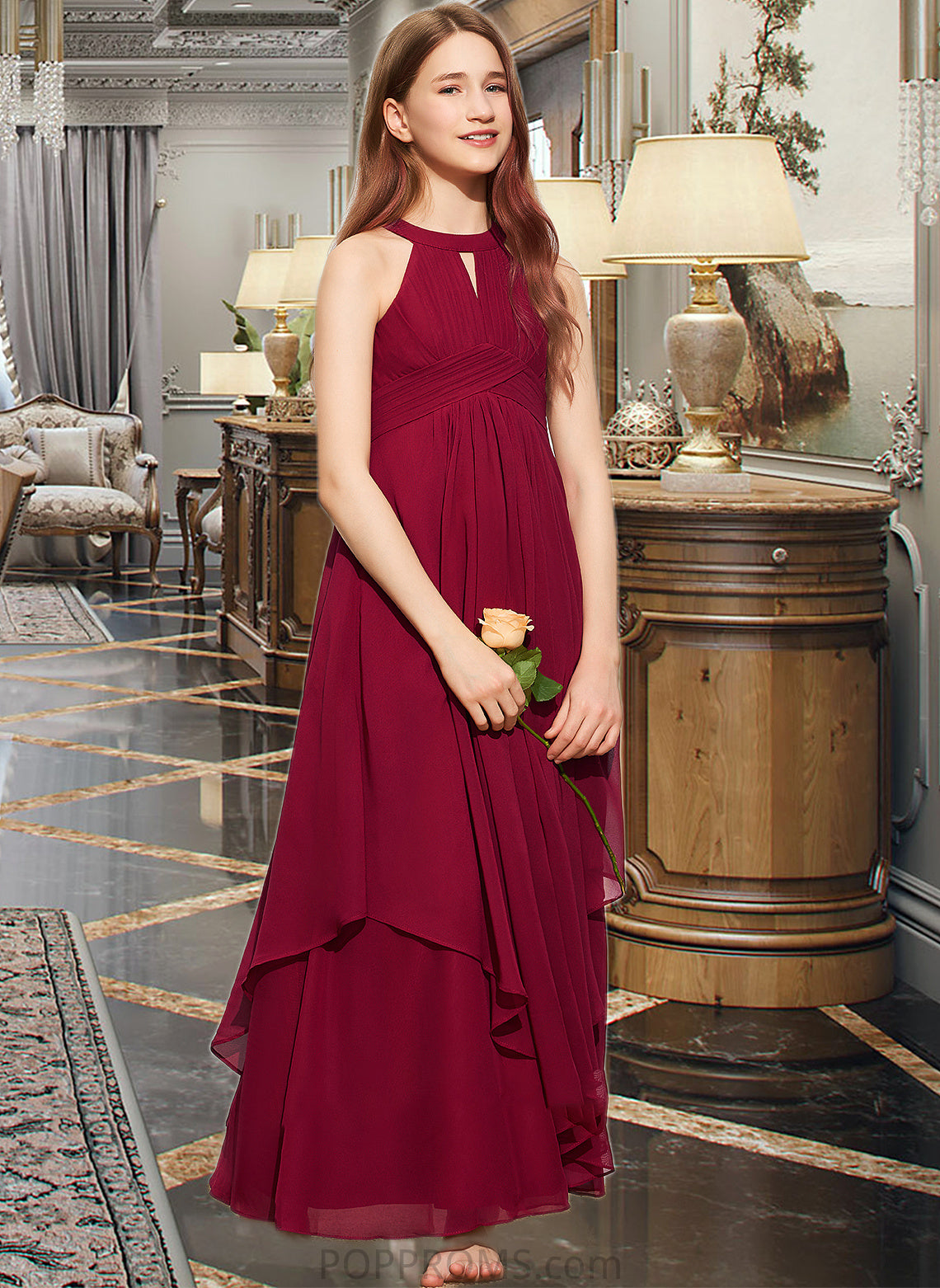 Ryan A-Line Scoop Neck Floor-Length Chiffon Junior Bridesmaid Dress With Ruffle PP6P0013654