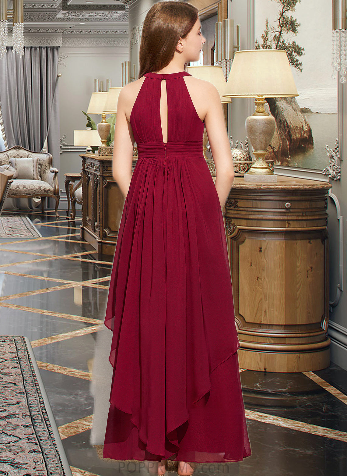 Ryan A-Line Scoop Neck Floor-Length Chiffon Junior Bridesmaid Dress With Ruffle PP6P0013654