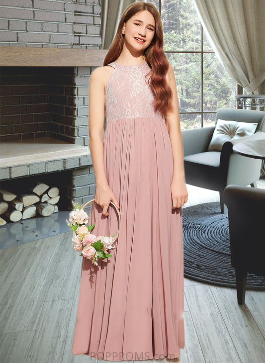 Pauline A-Line Scoop Neck Floor-Length Chiffon Lace Junior Bridesmaid Dress With Sequins PP6P0013655